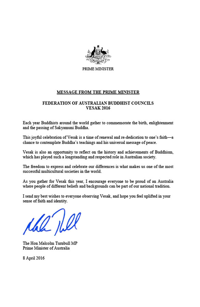 Australia Thủ tướng Malcolm Turnbull gửi thông điệp chúc mừng Phật đản 2640